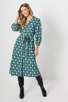 Платье миди на пуговицах с геопринтом и поясом Wallis, зеленый