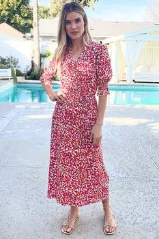 Платье миди на пуговицах с рюшами и V-образным вырезом Love & Roses, красный