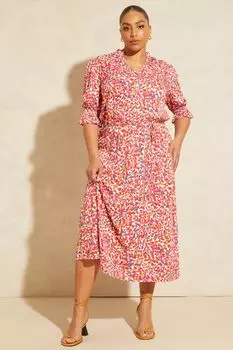 Платье миди на пуговицах с рюшами и V-образным вырезом Love & Roses, красный