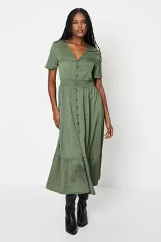 Платье миди на пуговицах с V-образным вырезом Dorothy Perkins, хаки