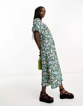 Платье миди New Look черного цвета с цветочным принтом и рукавами-буфами