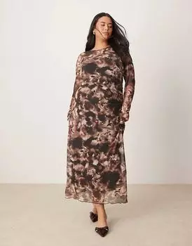 Платье-миди New Look Curve из сетчатой ткани с присборенным верхом кремового цвета