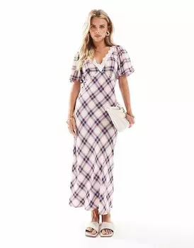 Платье миди New Look Petite из кружева в клетку с рукавами-крылышками кремового цвета