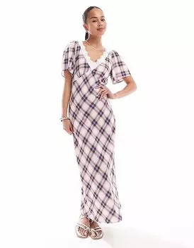 Платье миди New Look с кружевом в клетку и рукавами-крылышками кремового цвета