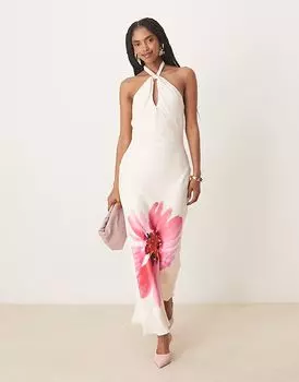 Платье-миди Nobody's Child Agnes с халтер-воротником и цветком белого цвета