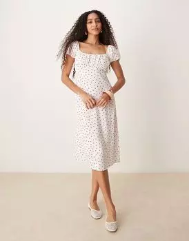 Платье-миди Nobody's Child Raven с рукавами-фонариками в белый и красный горошек