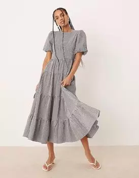 Платье-миди Nobody's Child Ricky с рукавами-фонариками в однотонную клетку в клетку