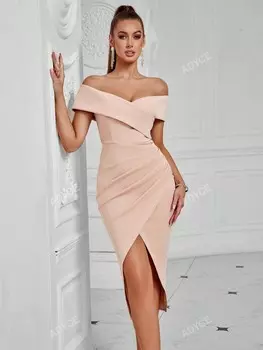 Платье миди, Облегающая фигуру ткань, модель с открытыми плечами, мятая юбка с отрезным краем, высокая талия, для вечеринок, посиделок и макияжа Adyce, абрикосовый