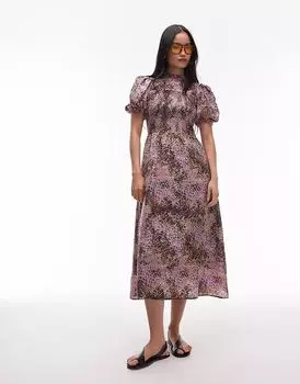 Платье миди & Other Stories с рукавами-фонариками, лифом на сборках и абстрактным принтом сиреневого цвета