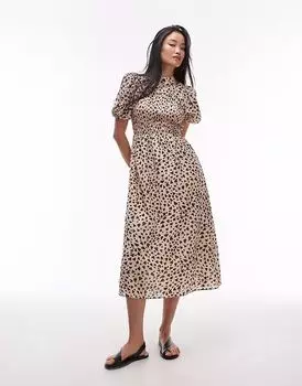 Платье миди «& Other Stories» с рукавами-фонариками, лифом на сборках, с принтом в виде сердец черного и бежевого цветов