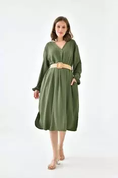 Платье миди оверсайз с длинными рукавами, V-образным вырезом и поясом в тон HOXTON GAL, хаки
