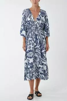 Платье миди оверсайз с V-образным вырезом и цветочным принтом HOXTON GAL, синий