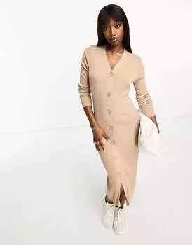 Платье миди овсяного цвета с пуговицами в рубчик "Жасмин" Threadbare