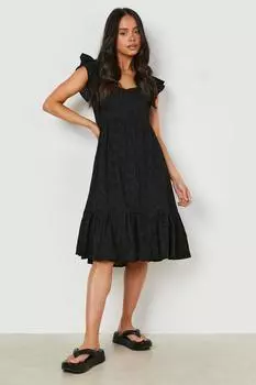 Платье миди Petite Broderie с пышными рукавами и бардо boohoo, черный