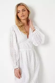 Платье миди Petite Broderie с завязками спереди и объемными рукавами Oasis, белый