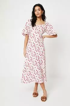 Платье миди Petite Ditsy со сборками и пышными рукавами спереди Dorothy Perkins, белый