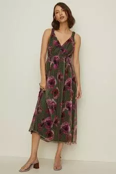 Платье миди Petite Dobby из сетки с цветочным узлом Oasis, зеленый