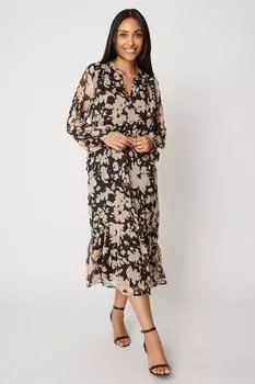 Платье миди Petite с цветочным принтом и завязкой на талии Wallis, черный