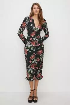 Платье миди Petite с цветочным принтом и сборками по всей поверхности Oasis, черный