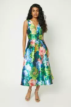 Платье миди Petite с глубоким вырезом из твила с принтом Coast, зеленый