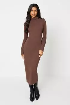 Платье миди Petite Soft Touch с высоким воротником и длинными рукавами Oasis, коричневый