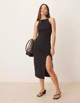 Платье миди Pimkie с высоким воротом, без рукавов, с разрезом на бедрах, черного цвета