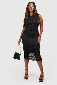 Платье миди Plus со сборками и сеткой boohoo, черный