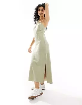 Платье миди прямого кроя с эффектом хлопка и льна шалфейного цвета