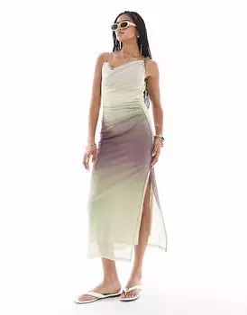 Платье-миди Pull&Bear с сетчатым воротником-хомутиком и эффектом омбре в многоцветном исполнении