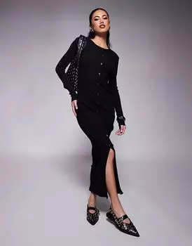 Платье миди River Island с длинными рукавами и пуговицами спереди черного цвета