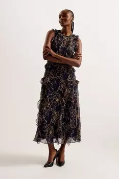 Платье миди Rize без рукавов с водопадом и оборками Ted Baker, синий