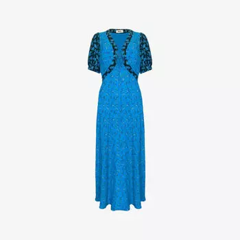 Платье миди Ro&Zo с пышными рукавами и цветочным принтом, синий