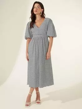 Платье миди Ro&Zo в клетку с V-образным вырезом и пышными рукавами, черный