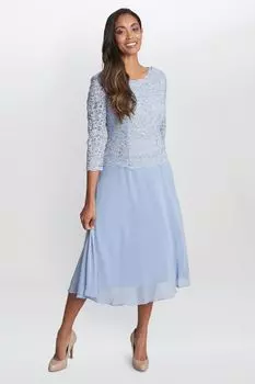 Платье миди Rona с кружевным лифом и шифоновой юбкой Gina Bacconi, синий