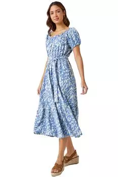 Платье миди с абстрактным принтом и поясом Roman, синий