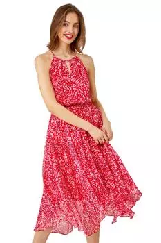 Платье миди с абстрактным принтом и вырезом через шею Roman, красный