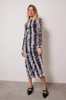 Платье миди с абстрактным принтом из сетки Mint Velvet, бежевый