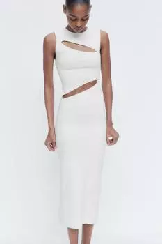 Платье миди с эластичным вырезом ZARA, белый