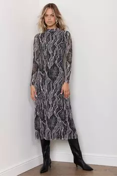 Платье миди с анималистичным принтом из сетки Mint Velvet, черный