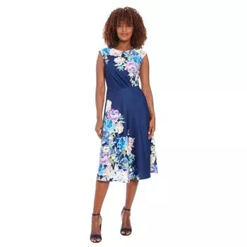 Платье миди с асимметричным лифом, короткими рукавами, сборками и расклешенным лифом London Times, синий