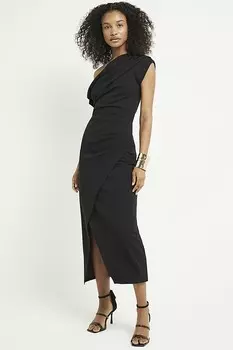 Платье миди с асимметричным запахом и драпировкой River Island, черный