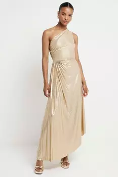 Платье миди с асимметричными складками и разрезом River Island, золотой