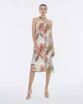 Платье миди с атласным принтом и халтер-воротником Andam, зеленый