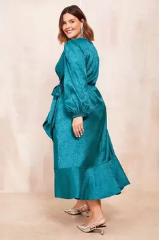 Платье миди с атласными оборками и длинными рукавами Curve Friends Like These, синий