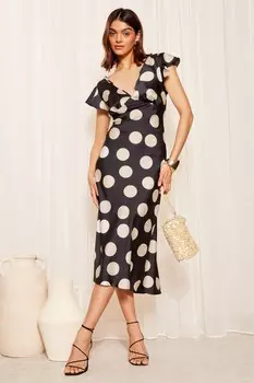 Платье миди с атласными рукавами оборками и косым кроем Friends Like These, черный