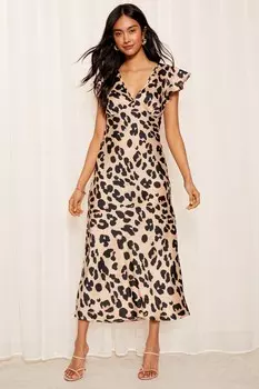 Платье миди с атласными рукавами оборками и косым кроем Friends Like These, коричневый