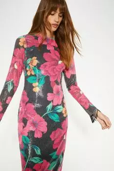 Платье миди с бахромой и пайетками с цветочным принтом Oasis, черный