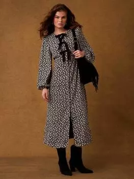 Платье миди с бантом и цветочным принтом Mint Velvet, цвет Black/Taupe