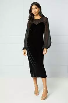 Платье миди с бархатной сетчатой вставкой Wallis, черный