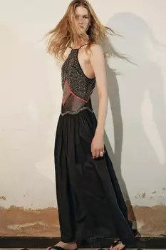 Платье миди с бисером ZARA, черный